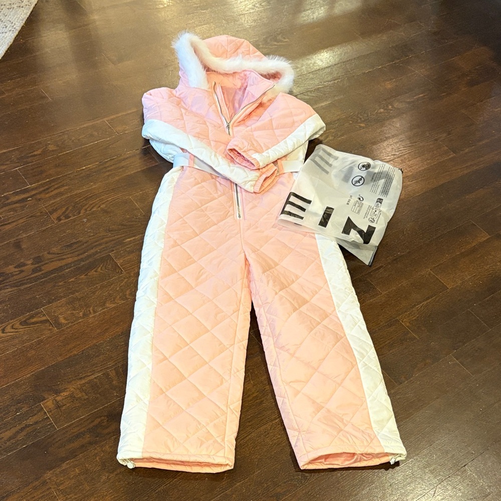 Pink and White Quilted Snowsuit with Fur Trim